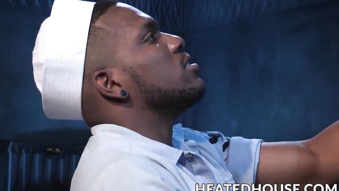 Muscular sailors forming an anal threeway