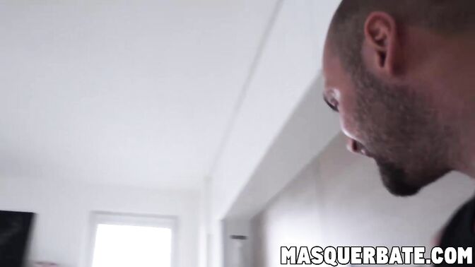 Manly hunk tugging his fat curved dick