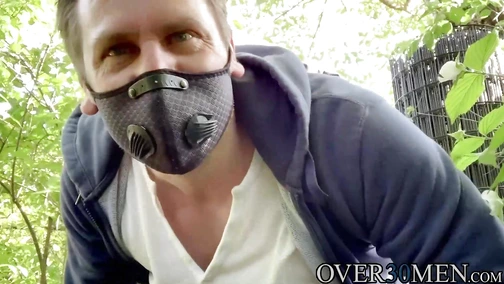 Masked guy Hans Berlin loves jerking off his big cock outdoors