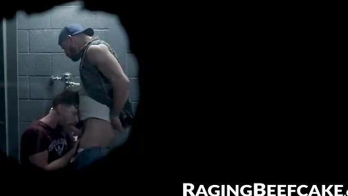 Muscular Sean Maygers bends over Drew Dixon in a public restroom