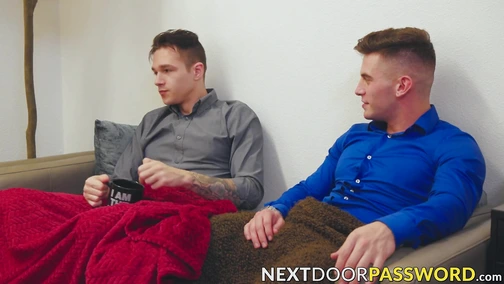 Hot Jayden Marcos and Trevor Brooks get sticky and wet on the couch
