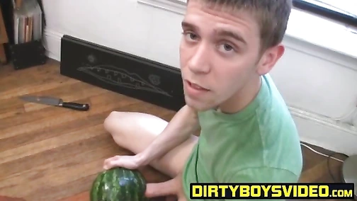Young Troy fucked the watermelon deeply with his massive cock