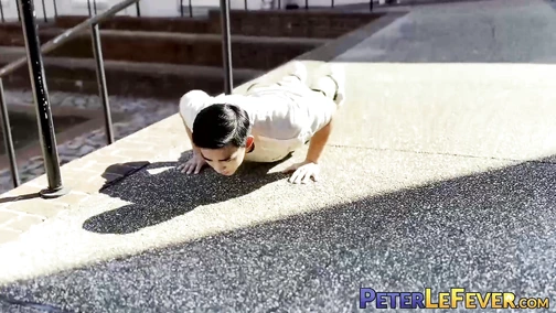 Asian American Sunny D tugs his uncut cock while doing an interview solo