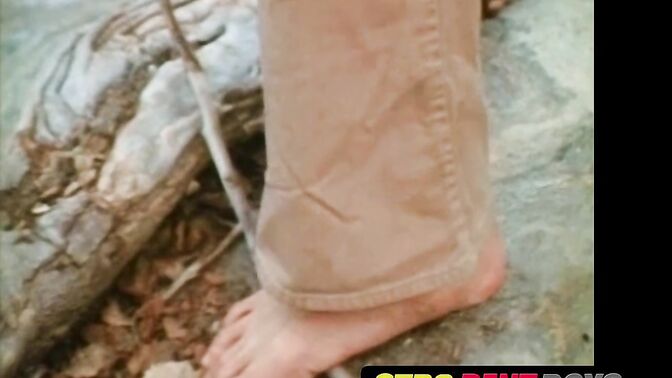 Vintage men have hairy bareback outdoors