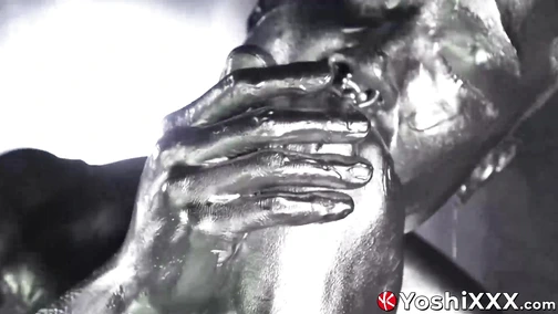 Yoshi Kawasaki and daddy Shusaku are covered in silver paint while breeding intensly