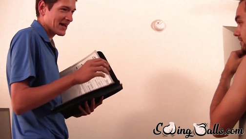 Twink shoots cum after swallowing cock