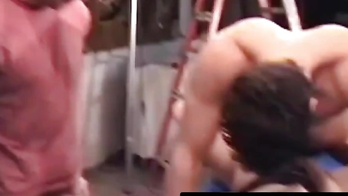 Group of straight men spitroast slut