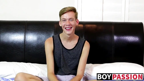 Skinny twink wanking his long cock