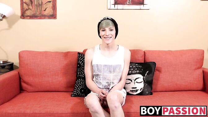 Gorgeous twink jerking off his fat cock